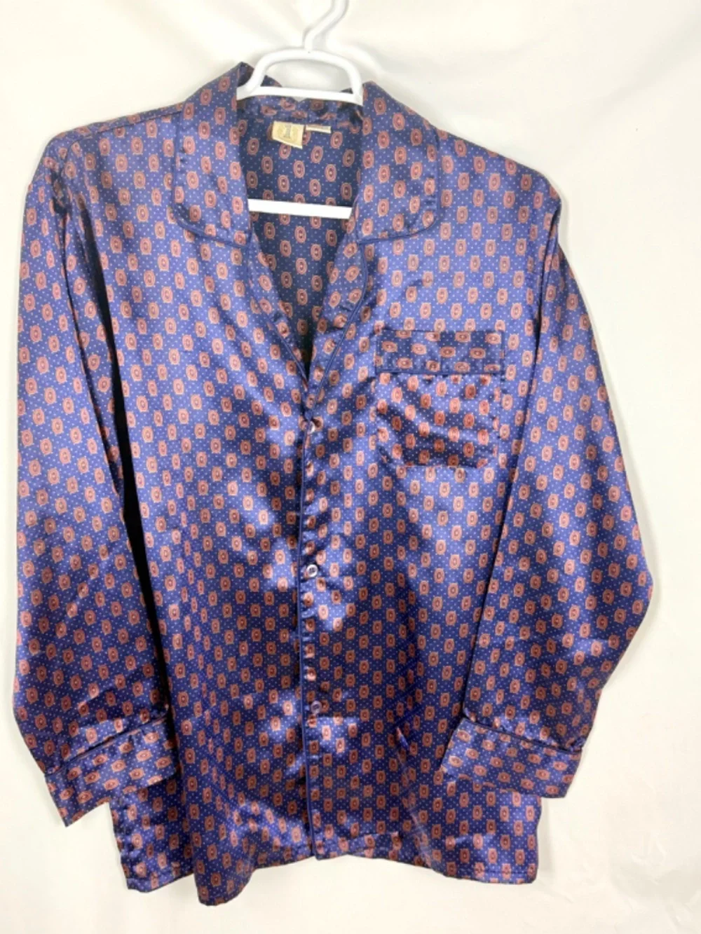 1990s Vintage 1 London Mens Pajama Set XL Navy Blue Satin PJs Long Sleeves Legs