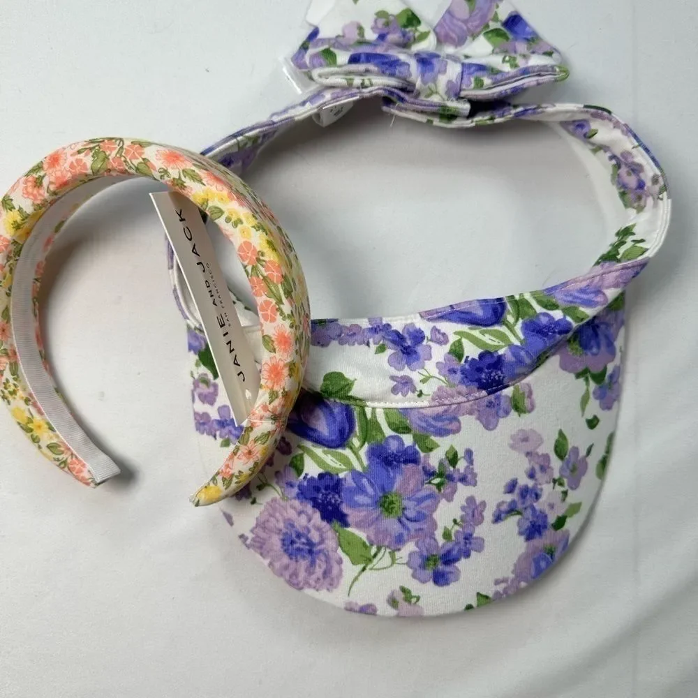 NWT Janie and Jack Girls Purple White Visor with Bow Accent - Size 6-8