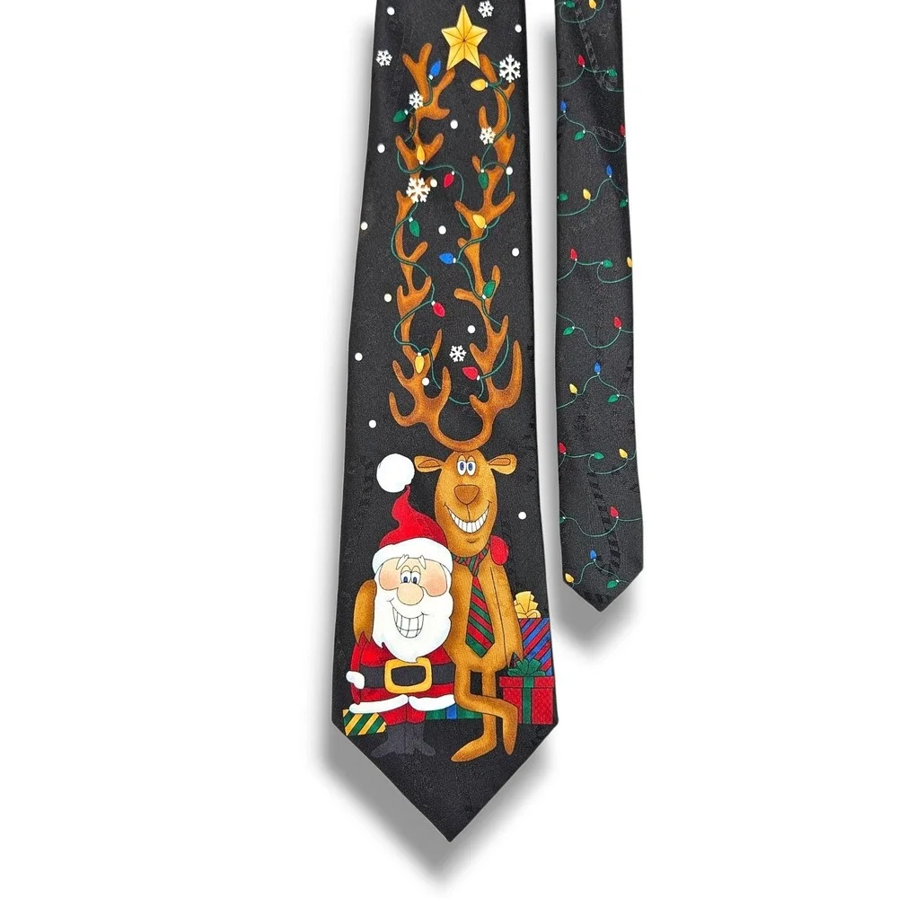 Hallmark Silk‎ Necktie Christmas Jacquard Santa Reindeer Lights Black OS