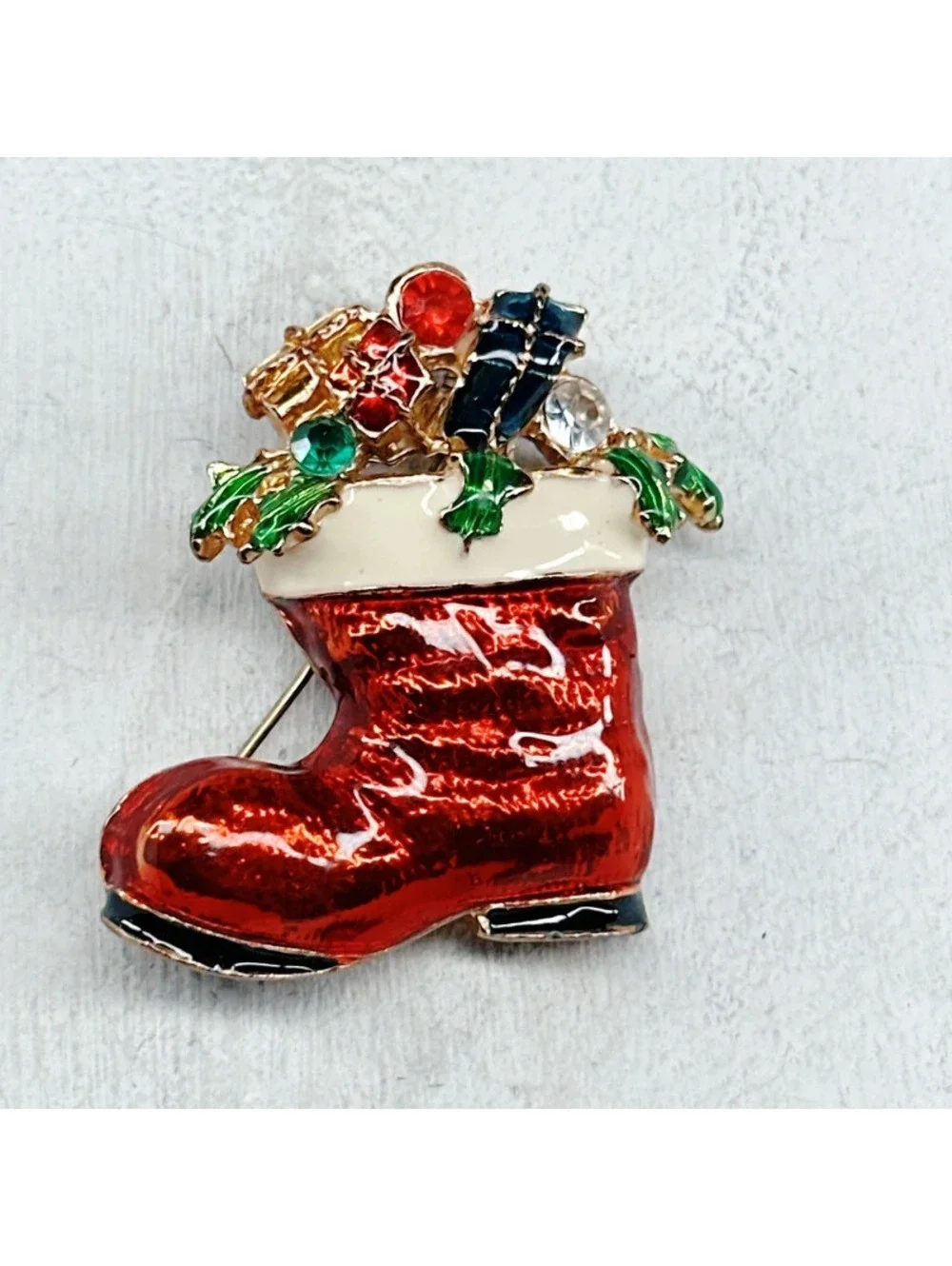 356u. Red Stocking Christmas Brooch Boot