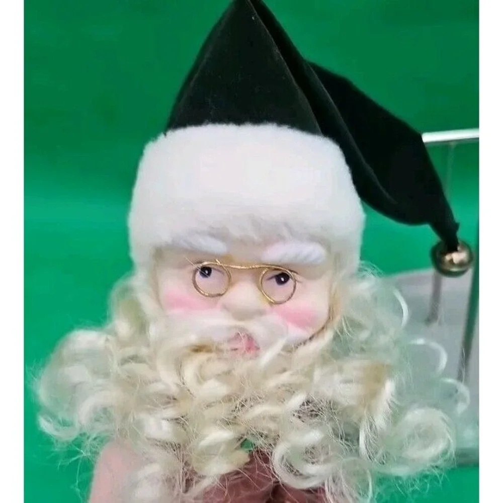 Santa Head Ceramic Face Ornament Curly Beard Glasses & Green Hat Christmas Decor