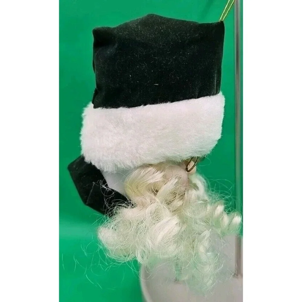 Santa Head Ceramic Face Ornament Curly Beard Glasses & Green Hat Christmas Decor