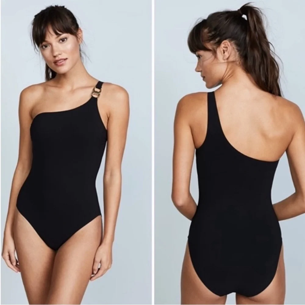 Tory Burch Gemini Link Silver Metal One Shoulder One Piece‎ Swimsuit Black NWT
