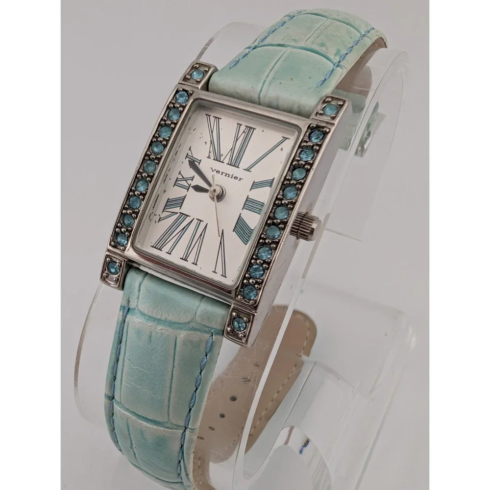 Vernier Tank Watch Women‎ 21mm Case Blue Pave Leather Band- New Battery
