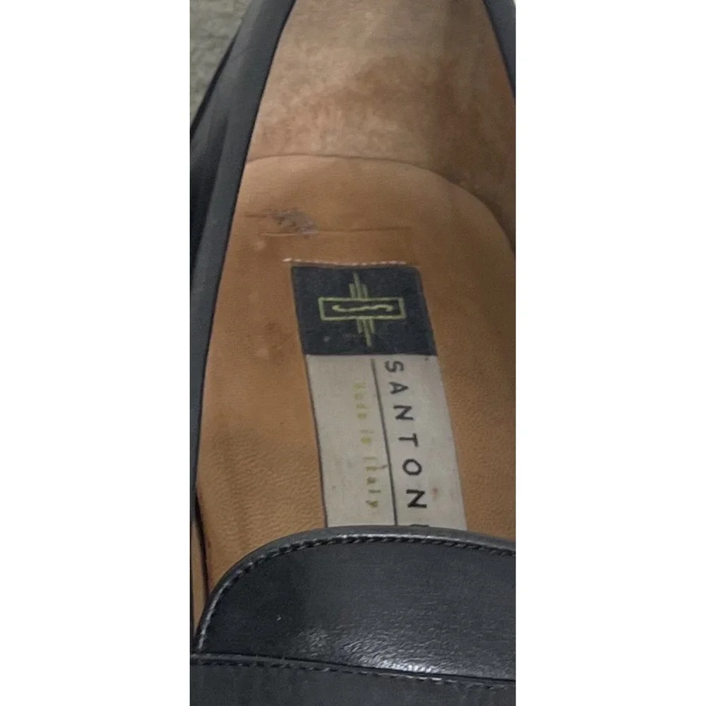 $750 Santoni Solid‎ Black Penny Loafers Leather Shoes Men's Size 10.5 FLAWED