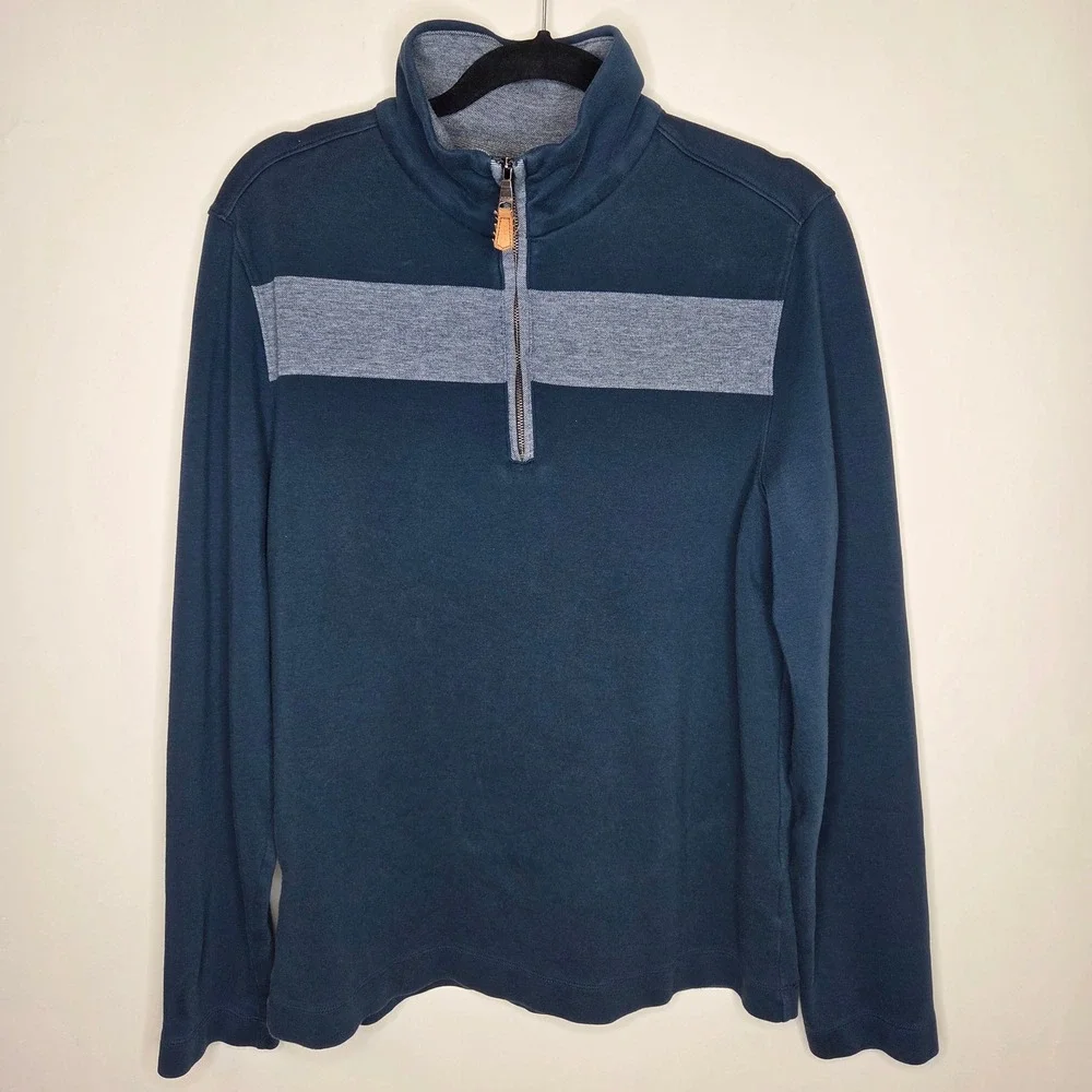 Banana Republic Mens Navy Blue Grey Striped Quarter Zip‎ Cotton Pullover Medium