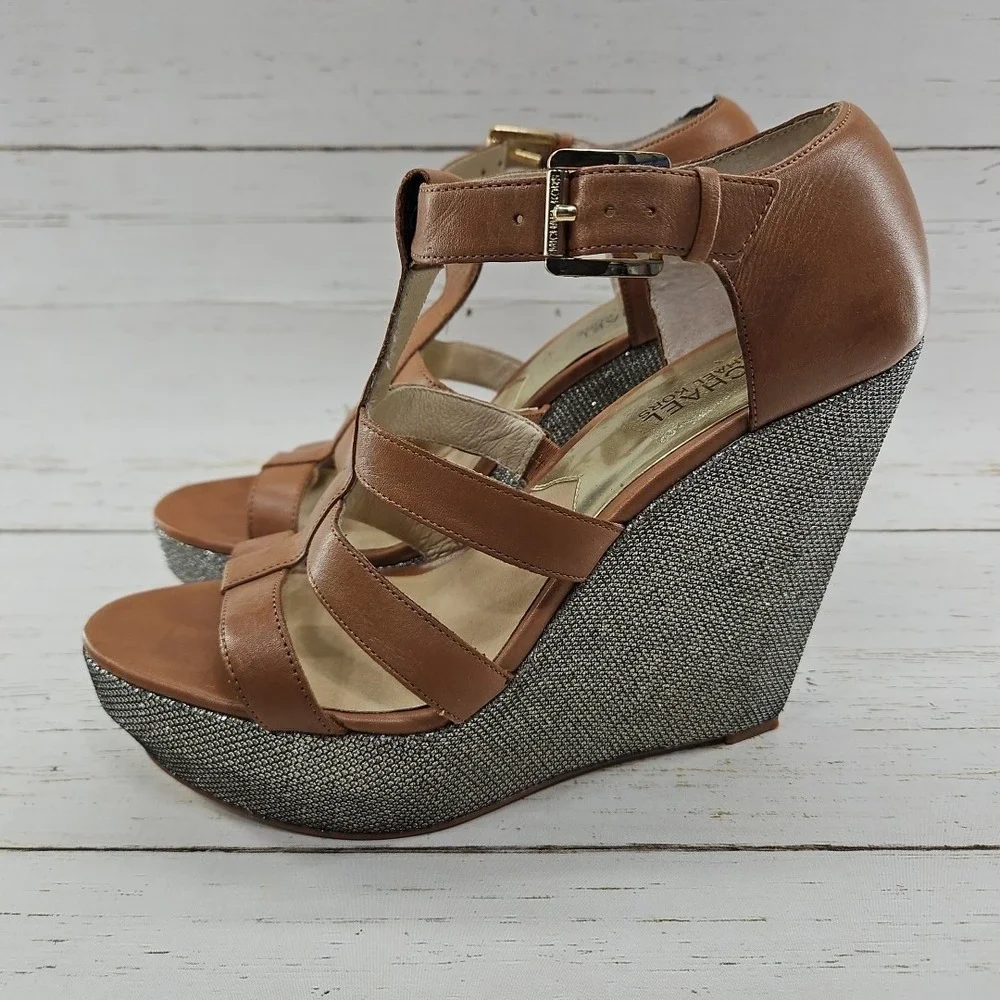 Michael Kors Faye Wedge Size‎ 10 Tan Gold Sparkle Leather Platform Sandals
