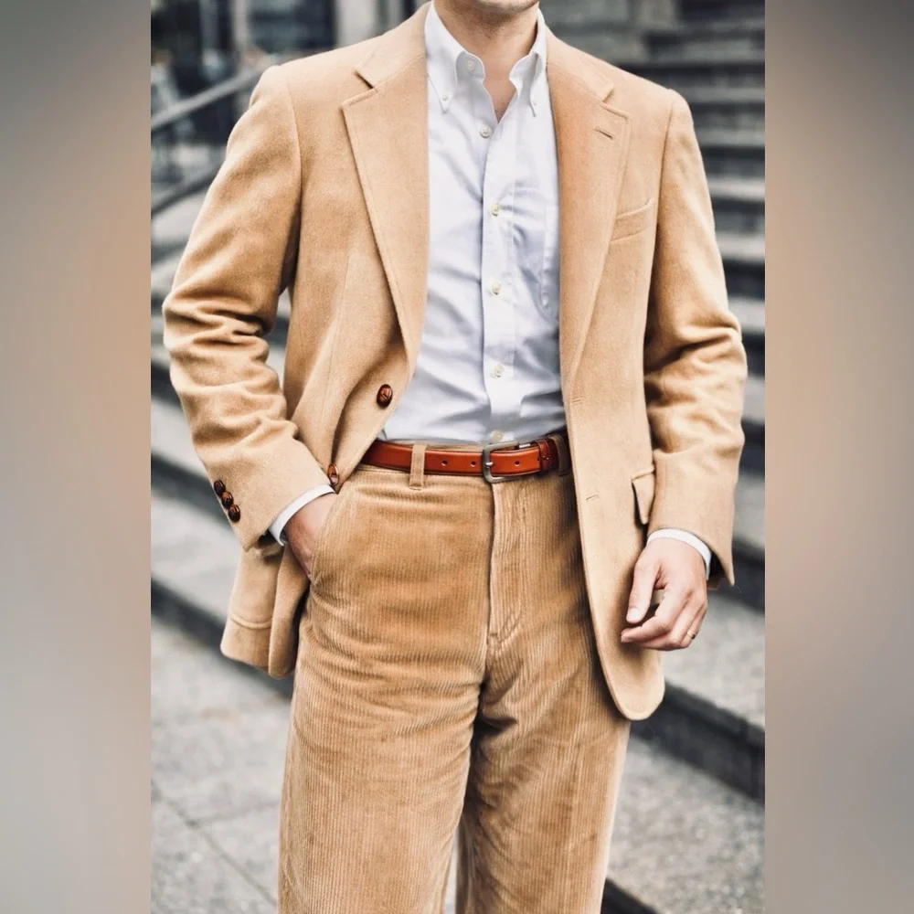 Vintage men's pure camel hair blazer quintessential leather buttons   Size 44