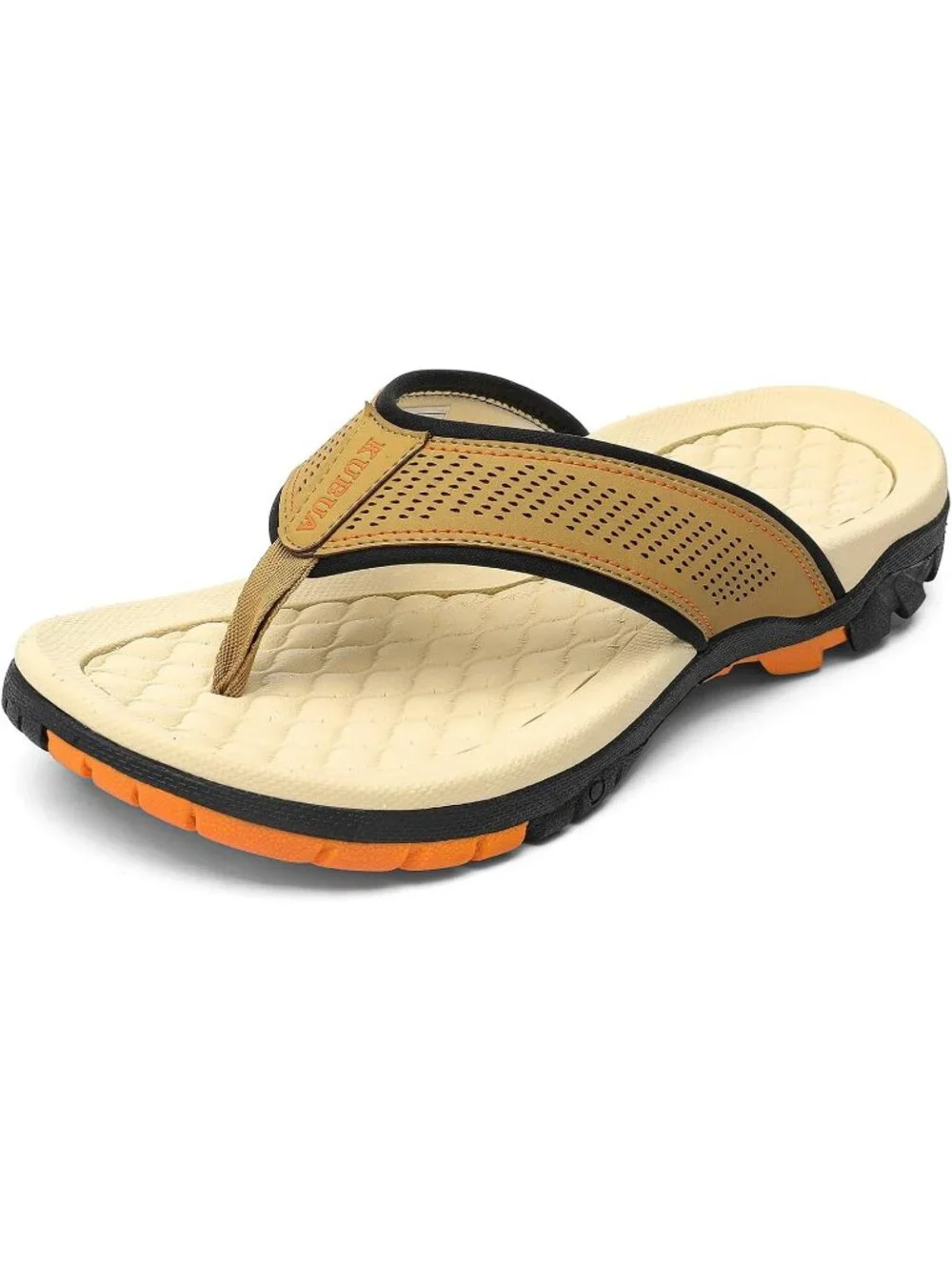 Men's Khaki Orange Beach Flip-Flops Water Outdoor Athletic Thong Sandal Slipper