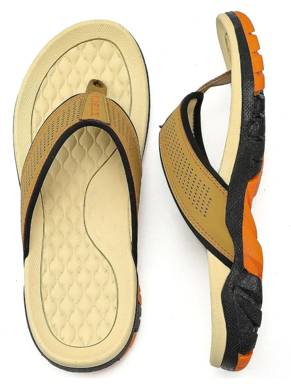 Men's Khaki Orange Beach Flip-Flops Water Outdoor Athletic Thong Sandal Slipper