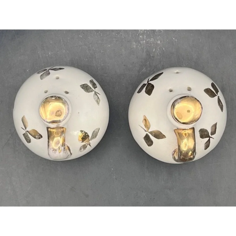 Vintage Ball‎ Jug Salt & Pepper Shakers- White w / Gold Handles and Tops Decor