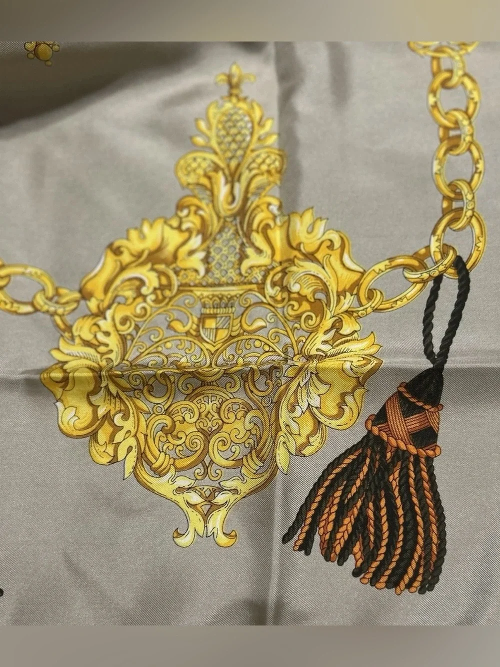 Vintage Celine Paris Silk Scarf Tassel Print Gray Gold Orange Black 34” France
