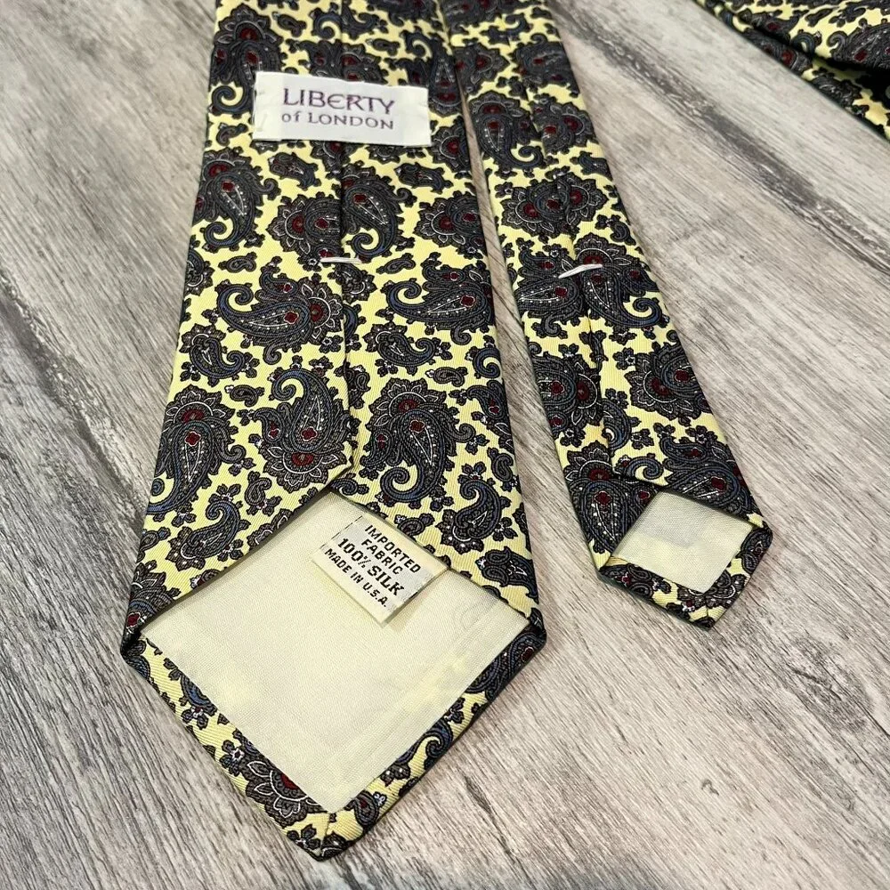 Liberty of London Vintage 100% Silk Tie, Pale Yellow + Gray Paisley