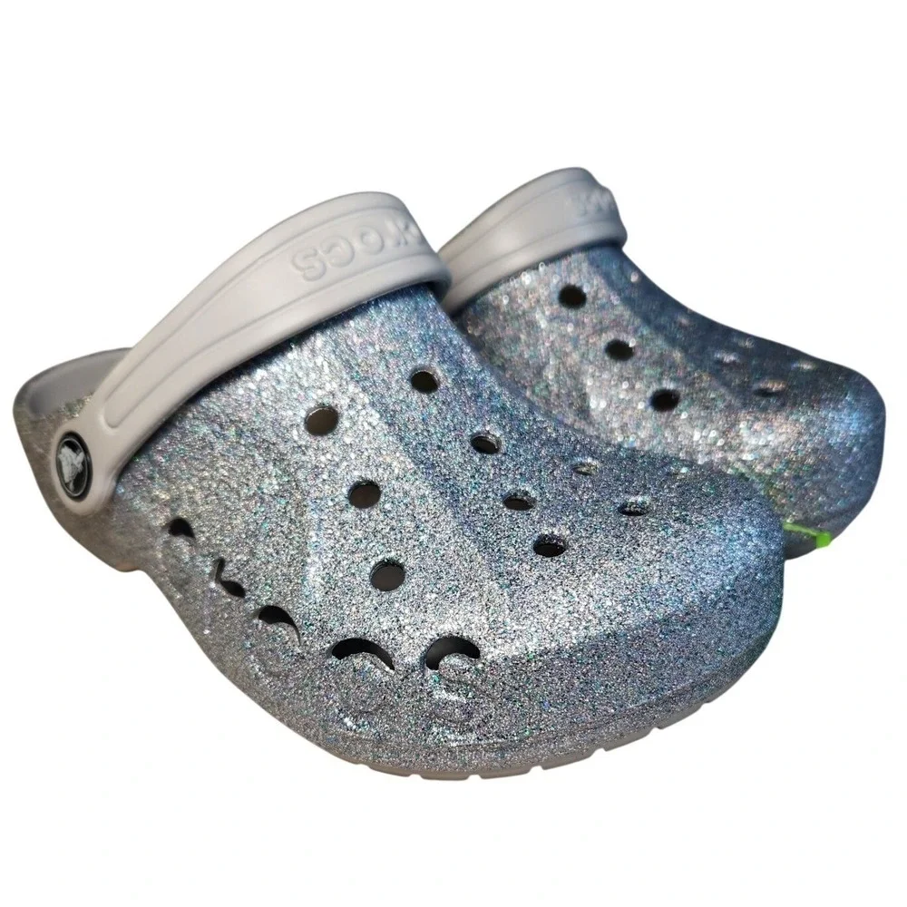 CROCS Baya Clogs Shoes Youth J2 Silver‎ Glitter Sandals Slip-ons Slides NEW