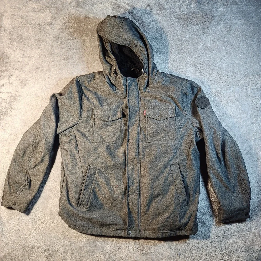 Levis Jacket Mens 2XL Gray‎ Trucker Soft Shell Sherpa Lined Hooded