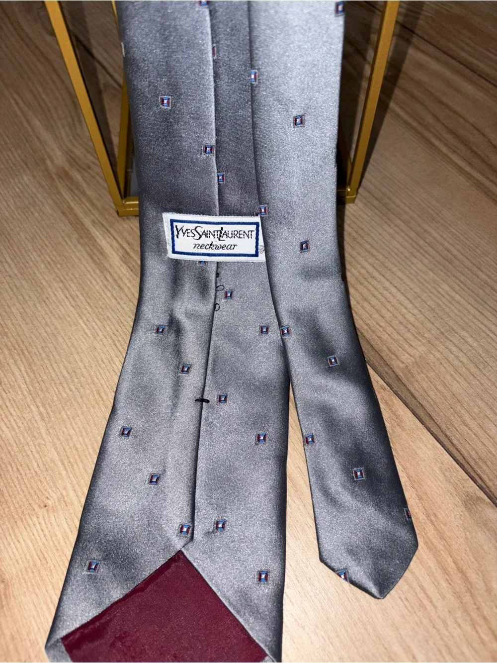 VTG Yves Saint Laurent Silk Tie Lot 2pc Burgundy Grey Embroidered YSL Logo