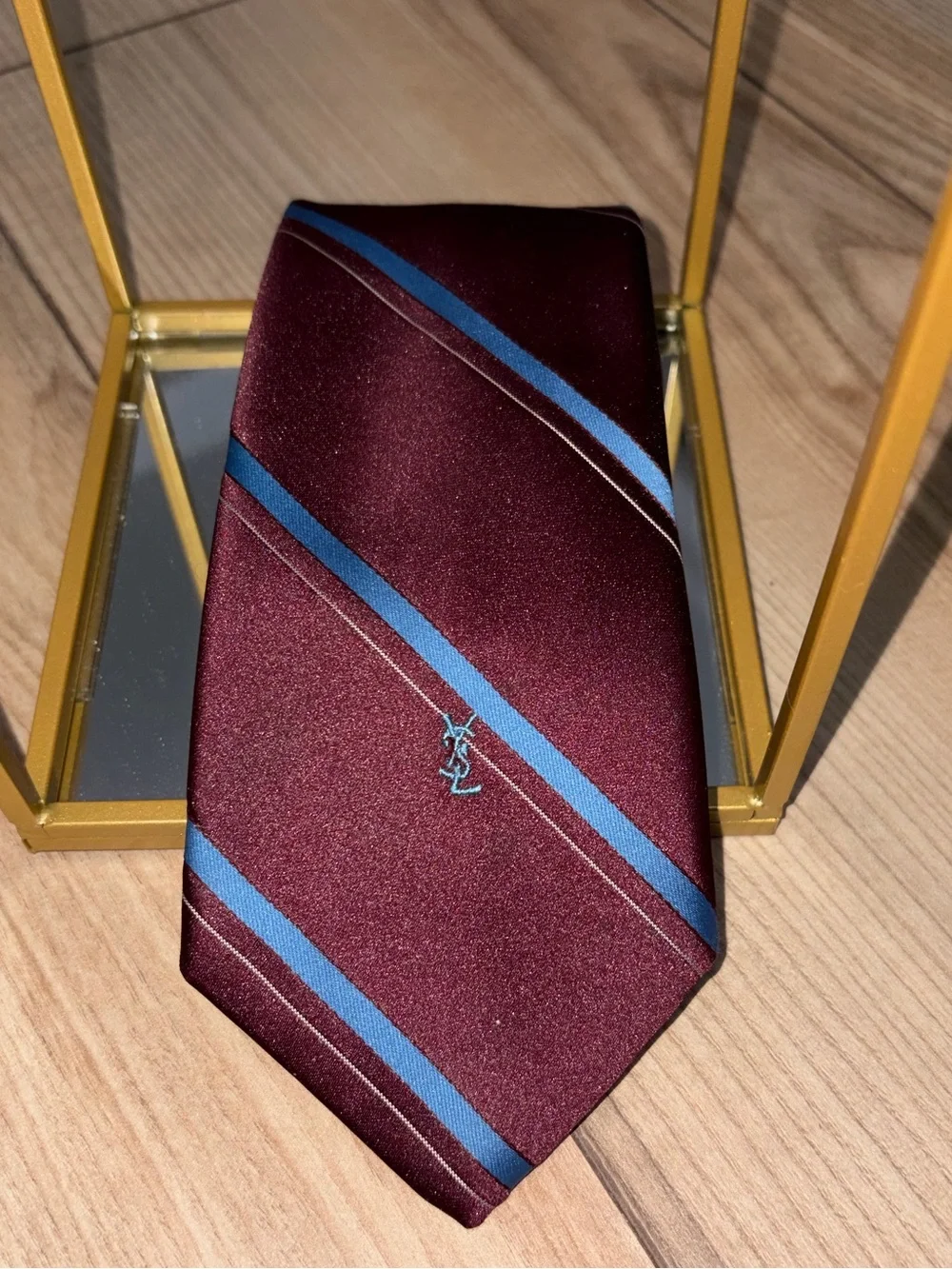 VTG Yves Saint Laurent Silk Tie Lot 2pc Burgundy Grey Embroidered YSL Logo
