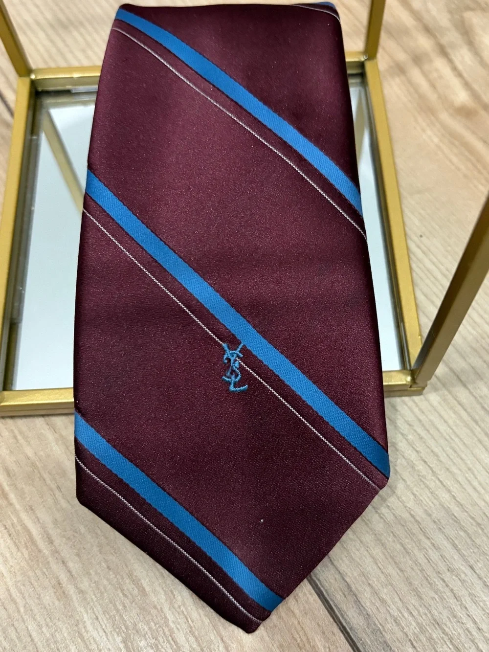 VTG Yves Saint Laurent Silk Tie Lot 2pc Burgundy Grey Embroidered YSL Logo