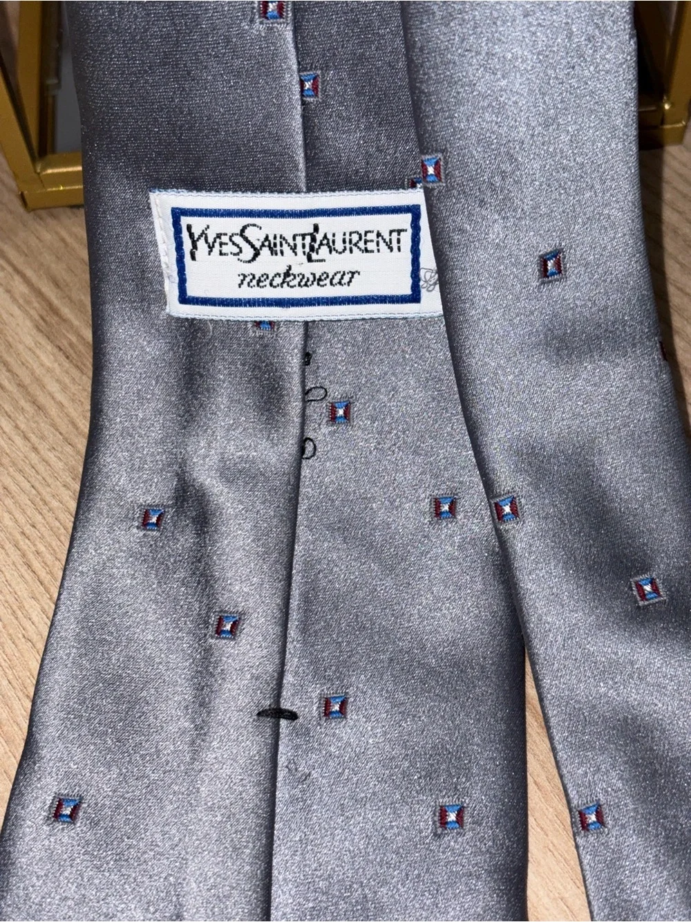 VTG Yves Saint Laurent Silk Tie Lot 2pc Burgundy Grey Embroidered YSL Logo