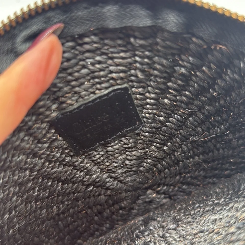 Clare V. Black Woven Raffia Circle Clutch Gold Lips Detail Summer Vacation Bag