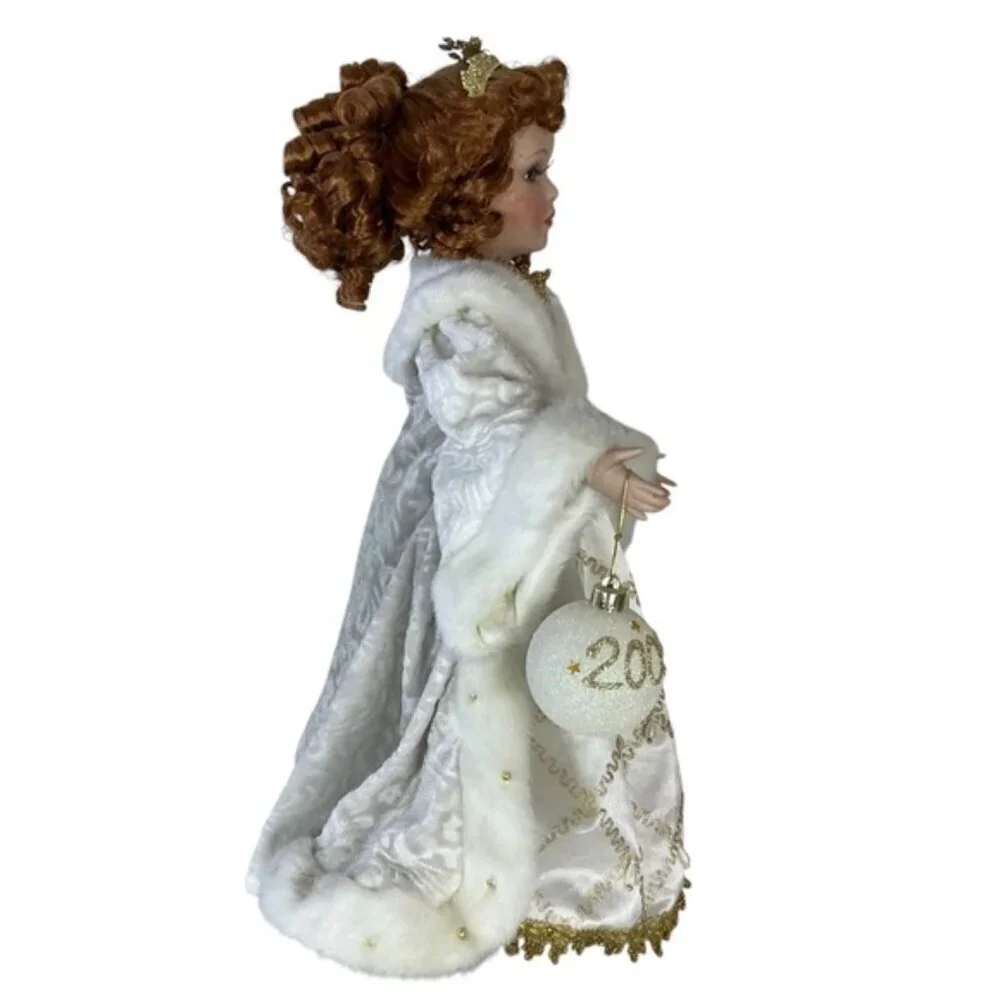 Porcelain Angel Doll Vintage Christmas 05 Red Auburn Hair w/Stand White Gold 19”