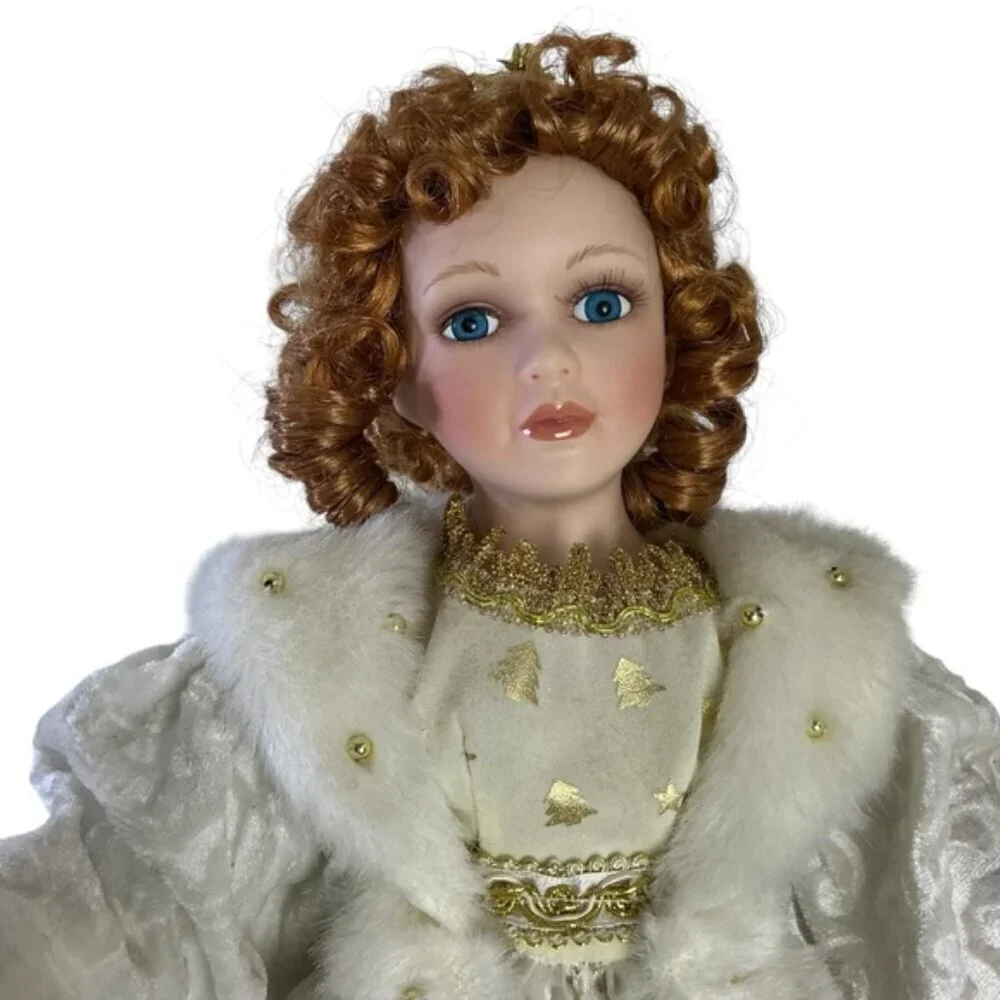 Porcelain Angel Doll Vintage Christmas 05 Red Auburn Hair w/Stand White Gold 19”