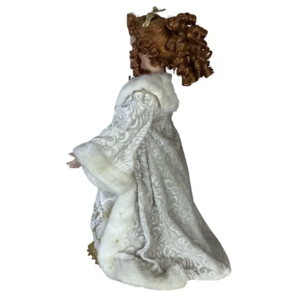 Porcelain Angel Doll Vintage Christmas 05 Red Auburn Hair w/Stand White Gold 19”