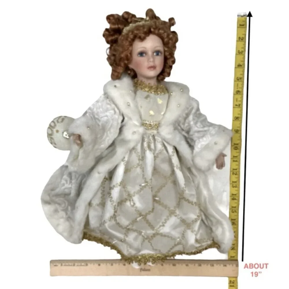 Porcelain Angel Doll Vintage Christmas 05 Red Auburn Hair w/Stand White Gold 19”