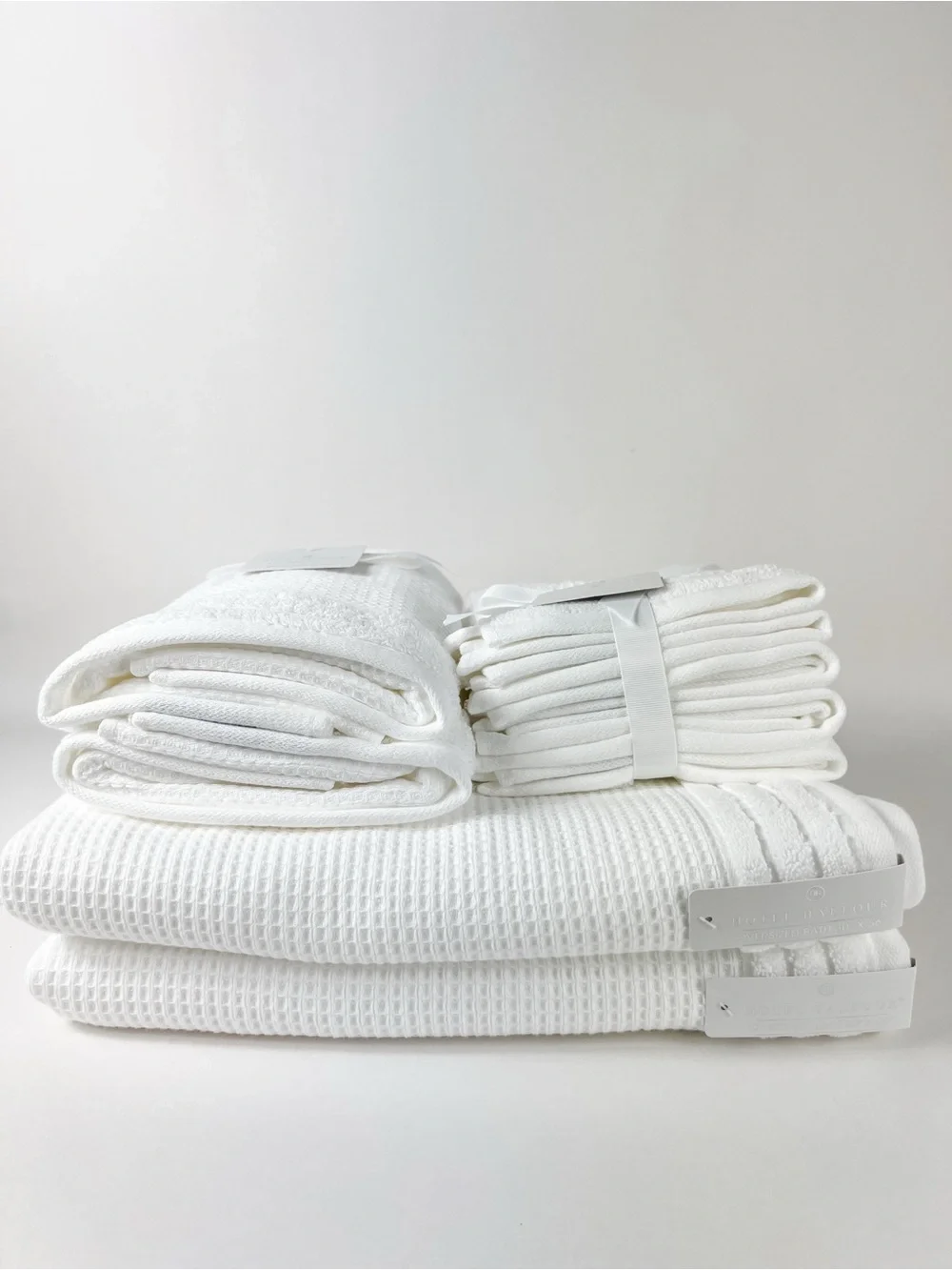 Hotel Balfour Bath Towel Set - White Waffle Textured Cotton - 9 Piece Set NEW
