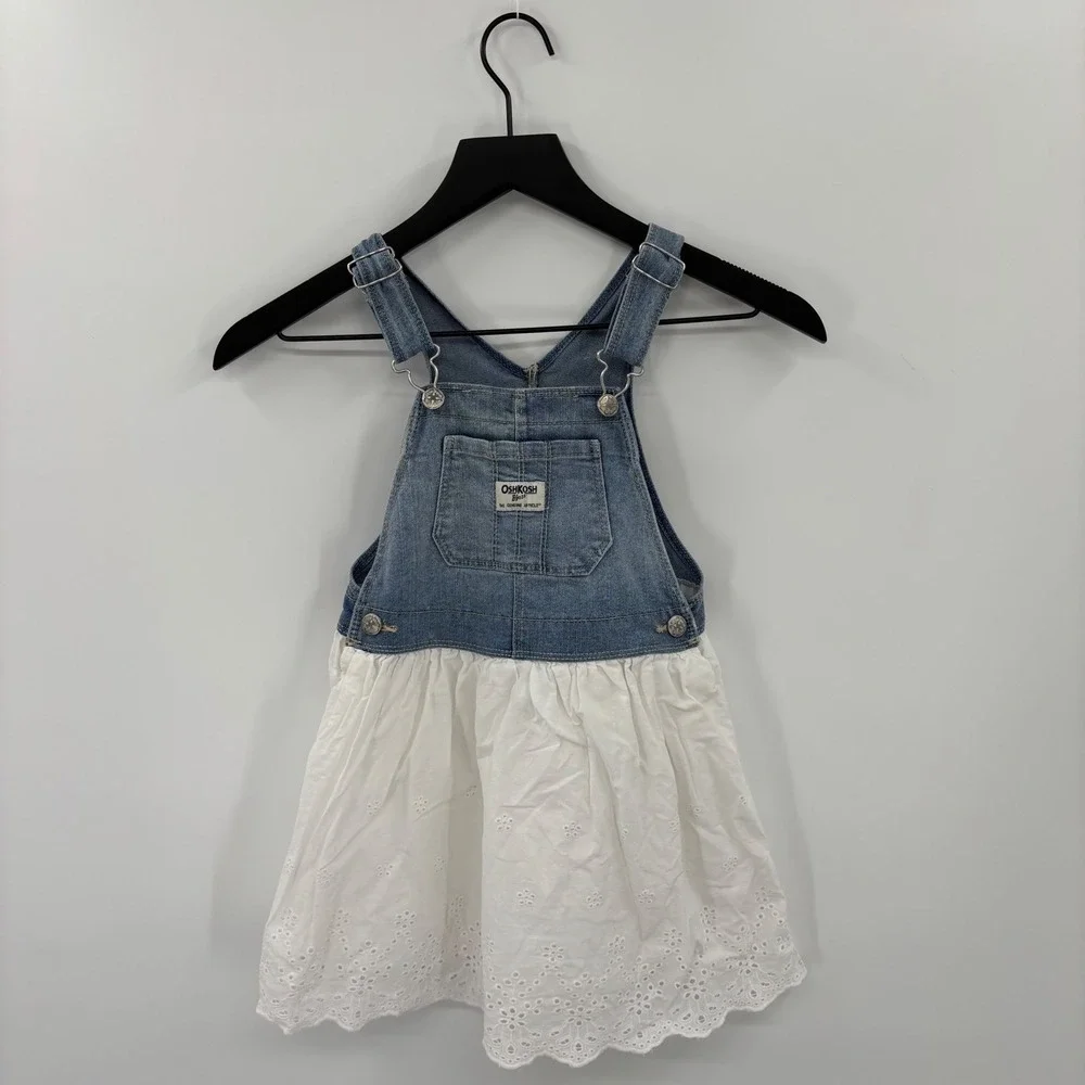 OshKosh Denim Eyelet Jumper Dress Toddler 5T Blue White Lace Summer Cottagecore