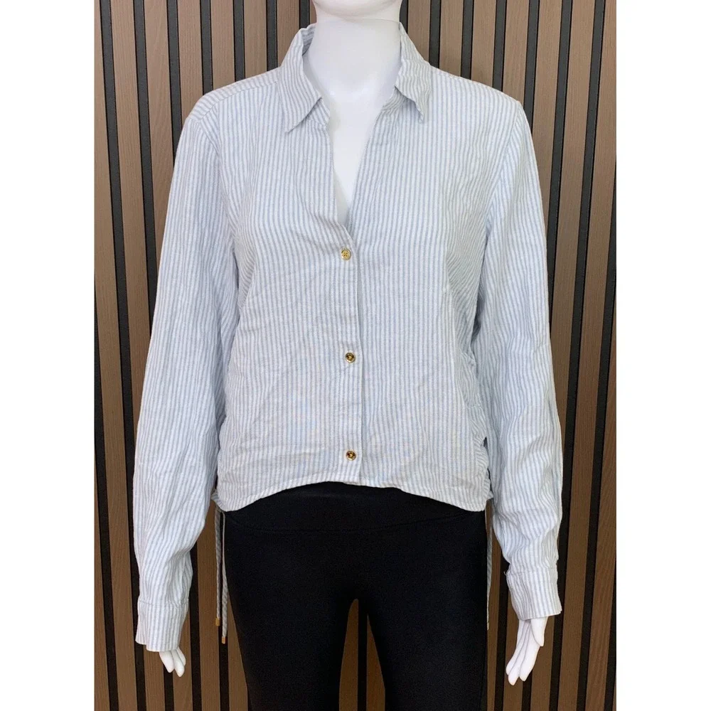 Michael Kors Blue White Striped Linen Blend Cinched Side Button Down Shirt‎ M