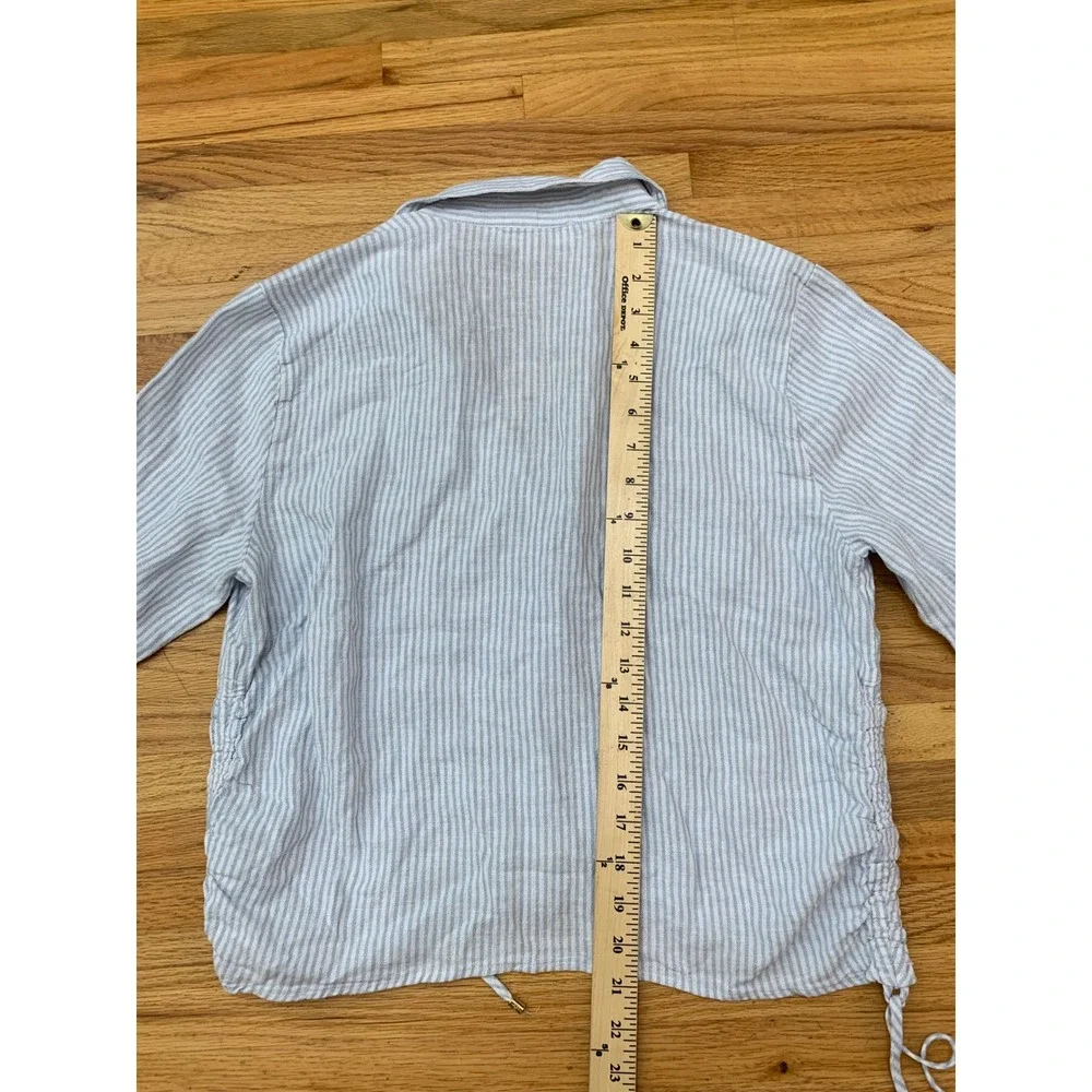 Michael Kors Blue White Striped Linen Blend Cinched Side Button Down Shirt‎ M