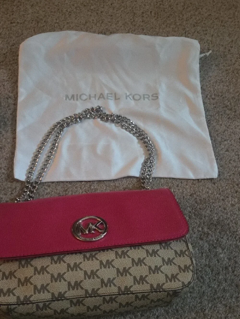 Michael Kors Pink Leather Flap MK Monogram Chain Crossbody
