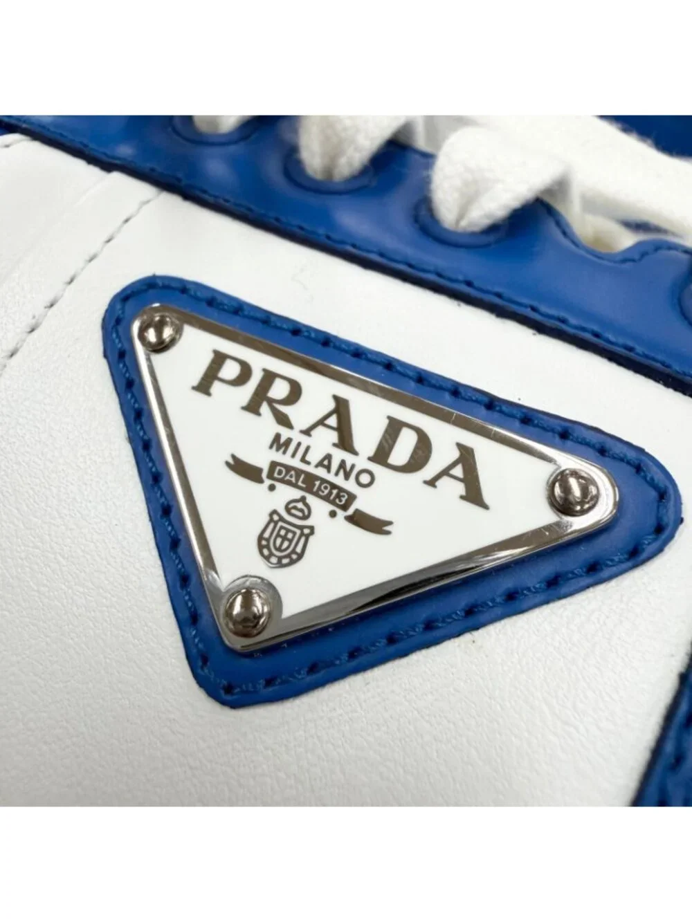 Prada Leather Triangle Logo Plate Low Cut Sneakers Blue White 5