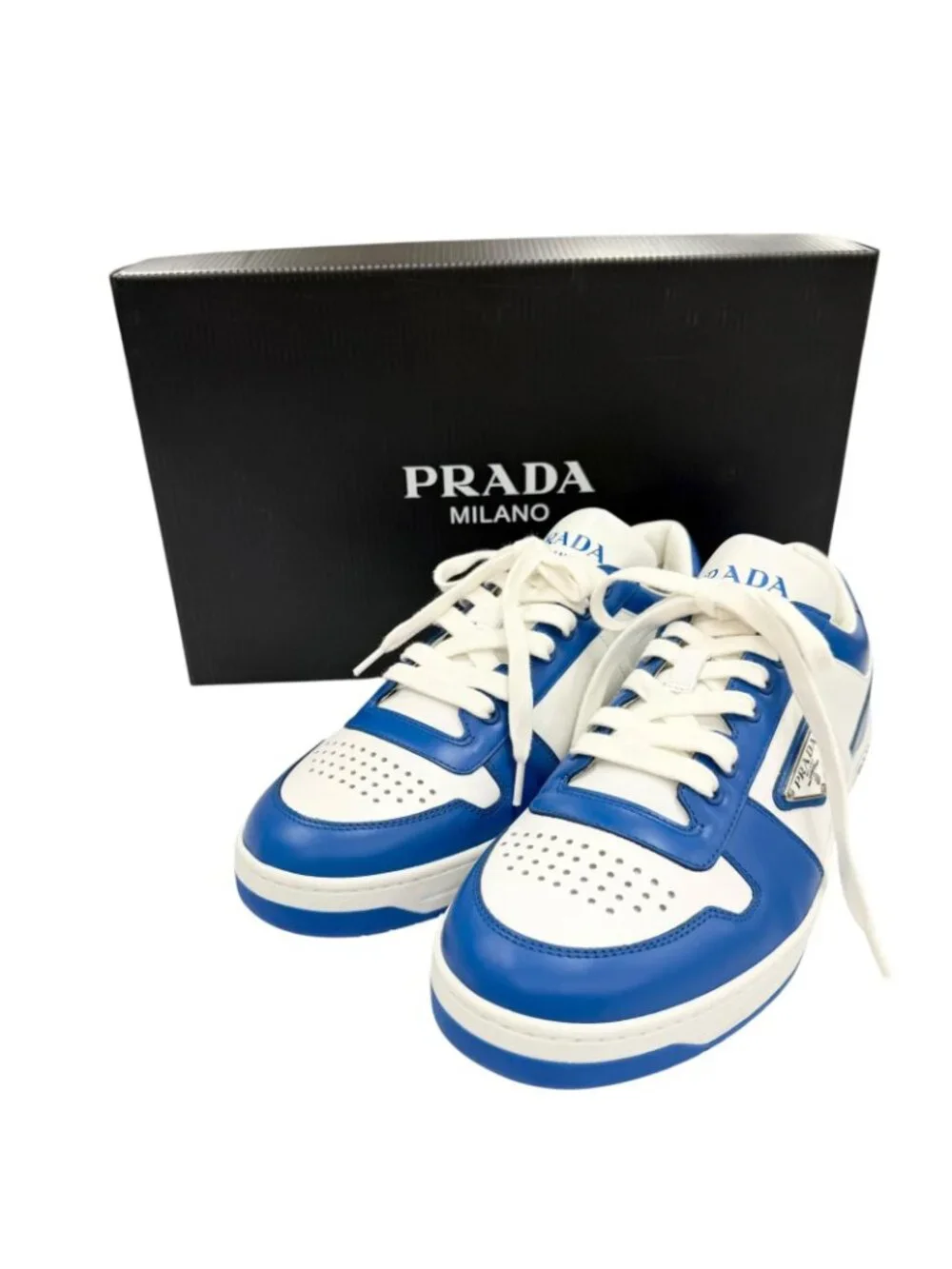 Prada Leather Triangle Logo Plate Low Cut Sneakers Blue White 5