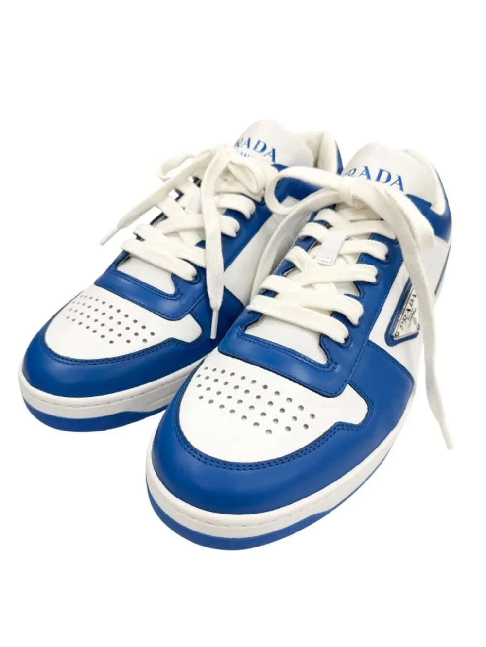 Prada Leather Triangle Logo Plate Low Cut Sneakers Blue White 5