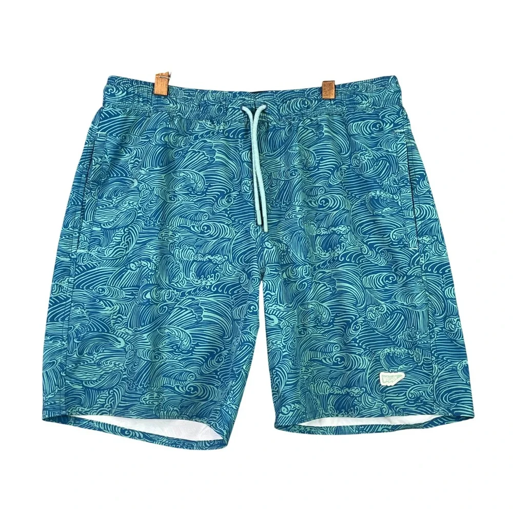 Wellen Swim Trunks Men Large Teal Aqua Wave Print Surf Board Shorts 7 In Inseam