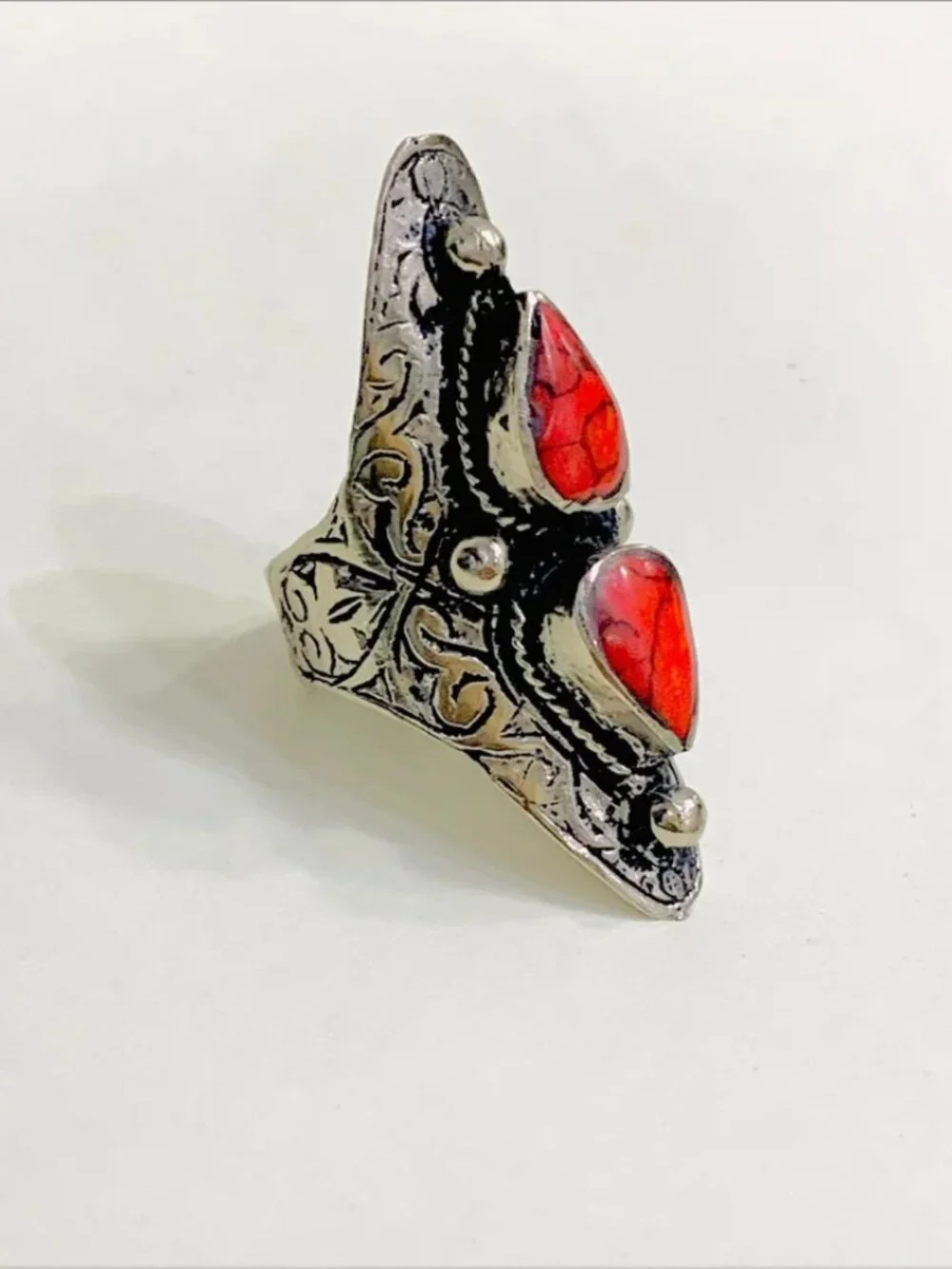 Kuchi Dual Red Stone Ring: Tribal Ethnic Bohemian Jewelry