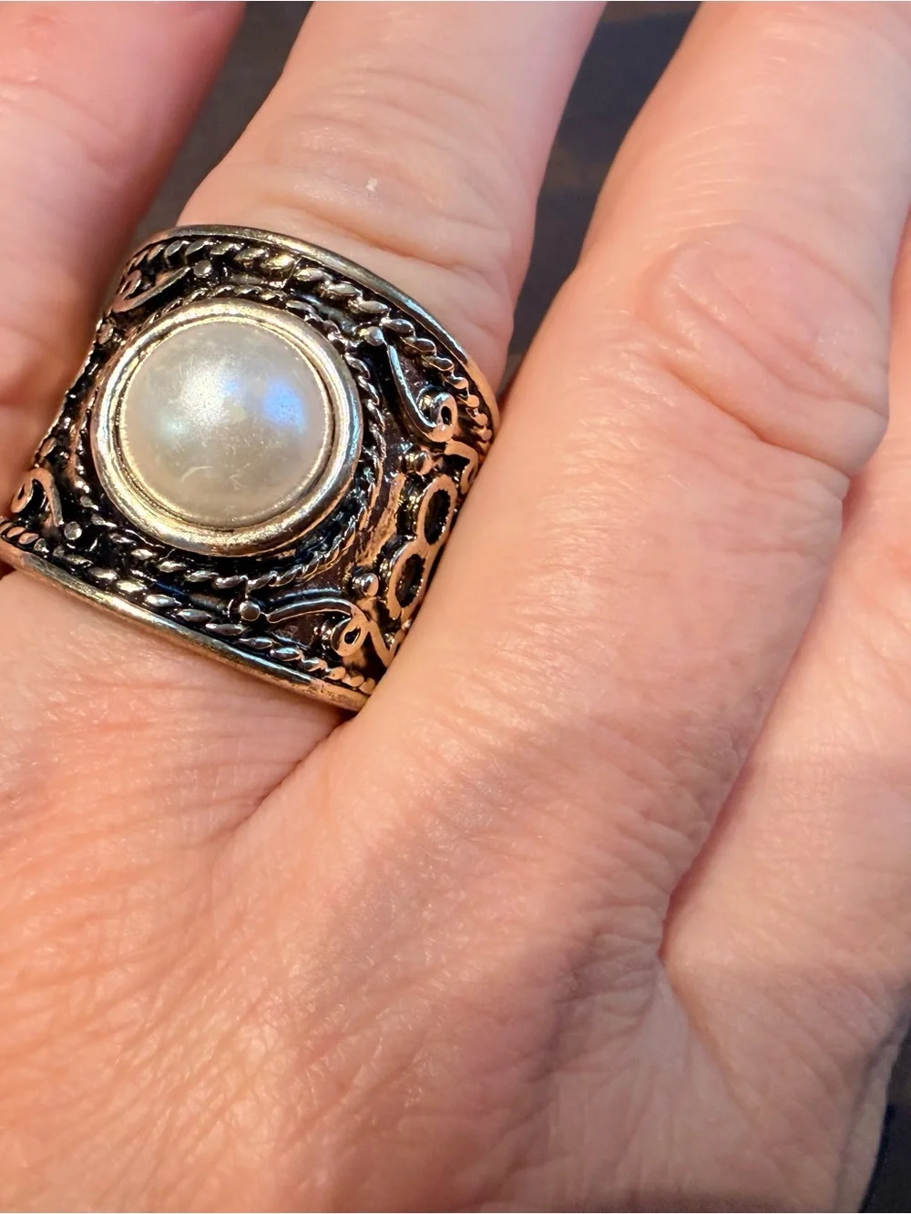 Vintage Ornate Filigree Faux Pearl Wide Band Statement Ring - US Size 6.75