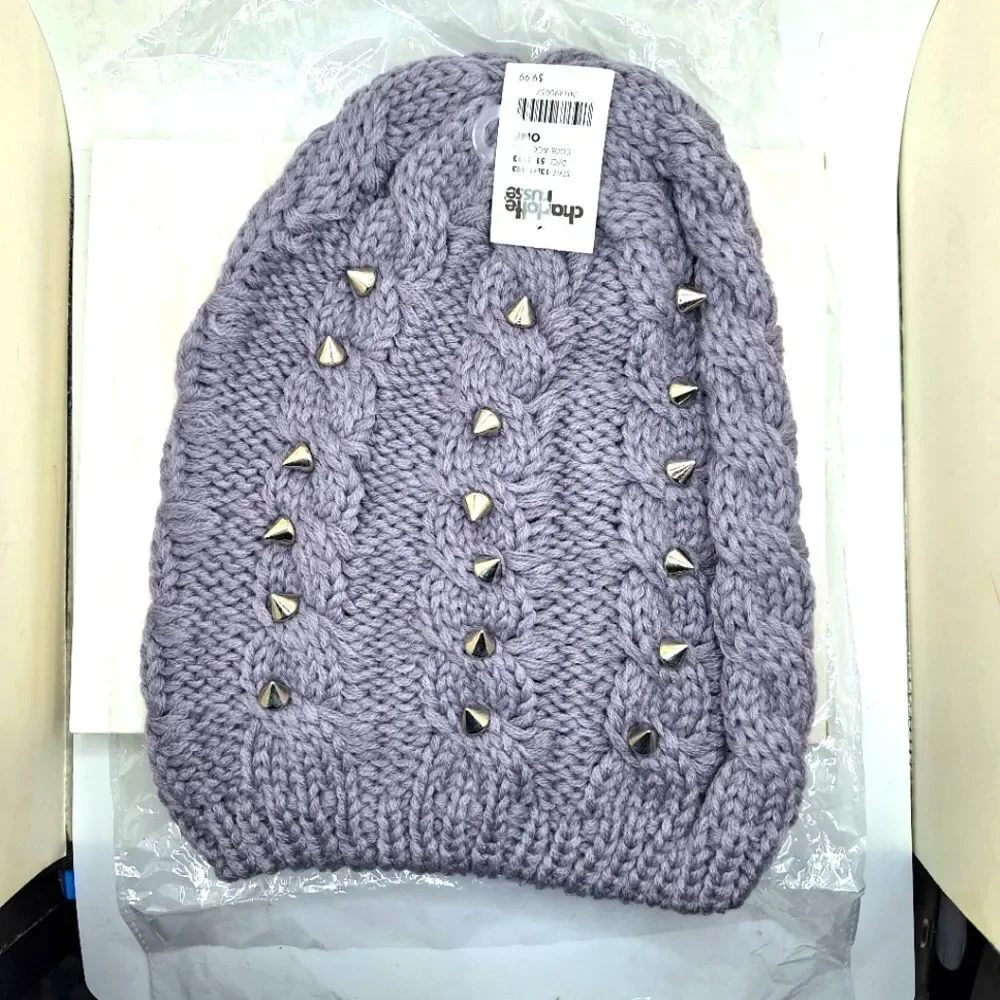 soft gray spike studded beanie hat knitted slouchy cap