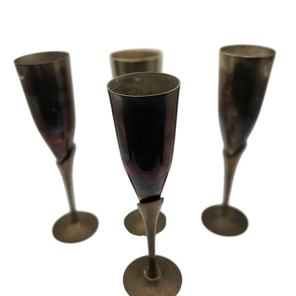 Set of 4 Vintage Brass Metallic Champagne Flutes Vintage Holiday‎