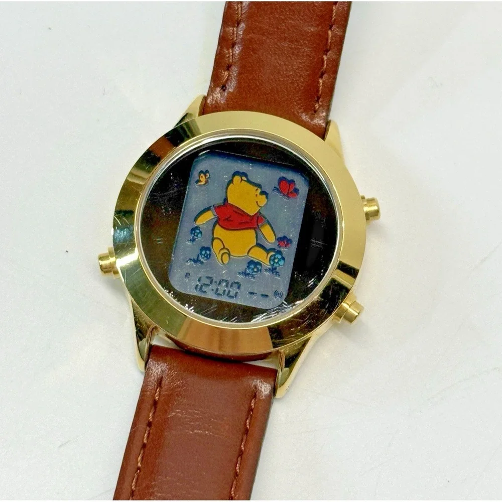 Vintage Disney Pooh Bear Watch S11 Flowers Butterfly Colorful Gold Brown Leather