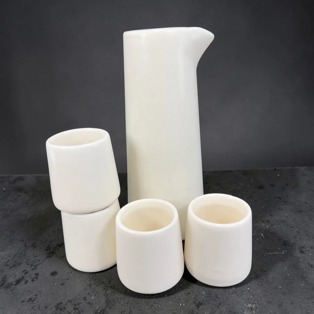 HomArt Ceramic Sake Set Cream White Crackle Glaze Carafe‎ 4 Cups Made in Vietnam