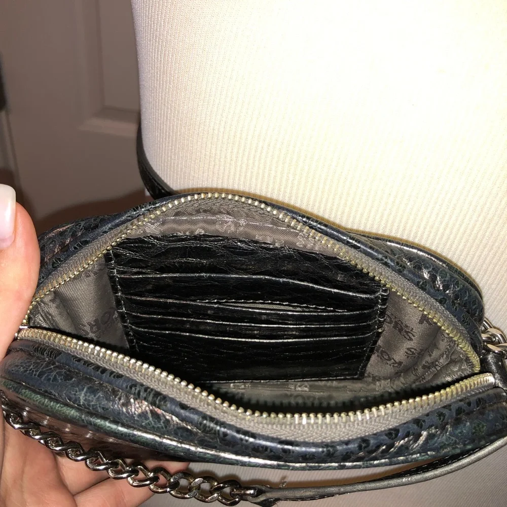Michael Kors Black Faux Snakeskin Crossbody Bag with Silver Chain