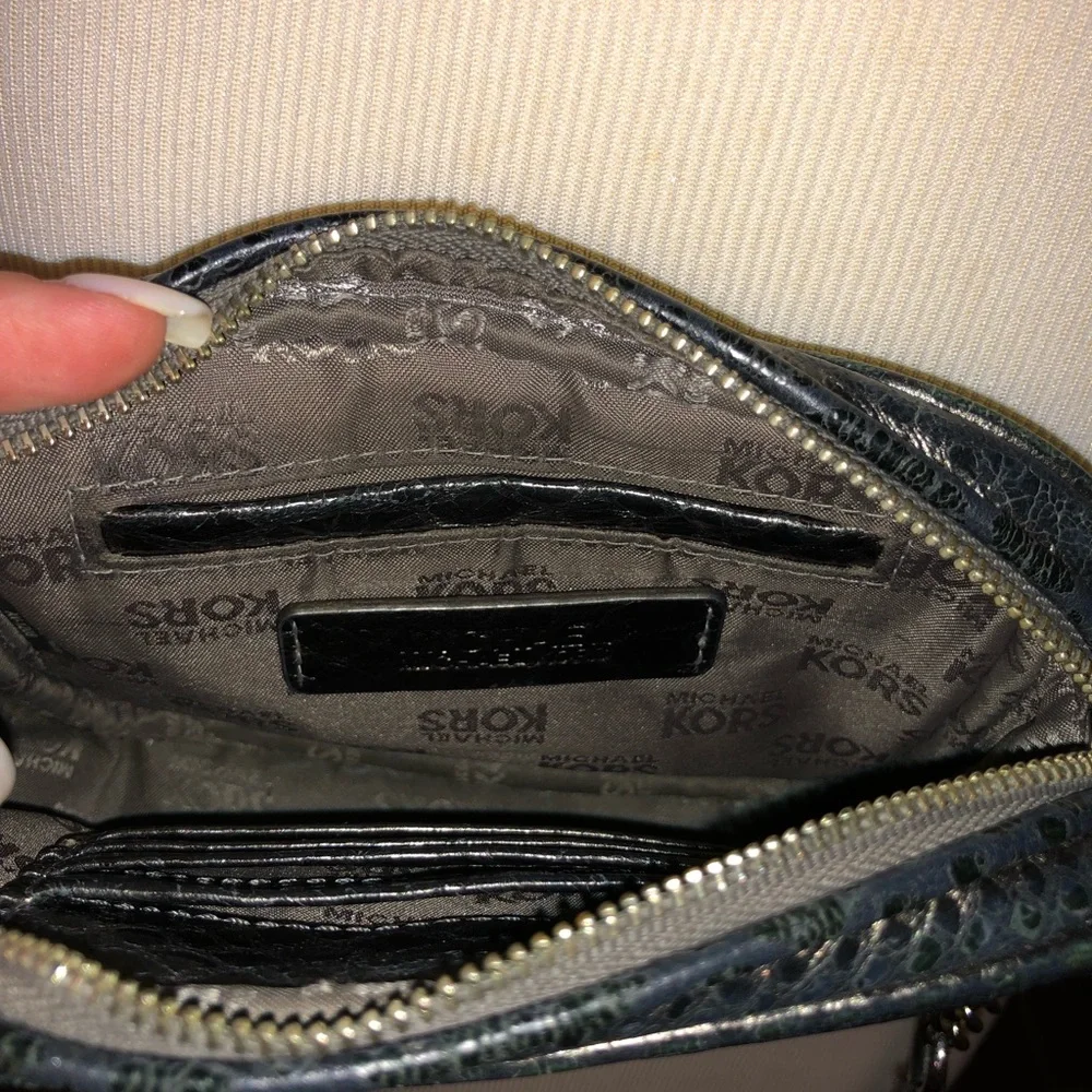 Michael Kors Black Faux Snakeskin Crossbody Bag with Silver Chain
