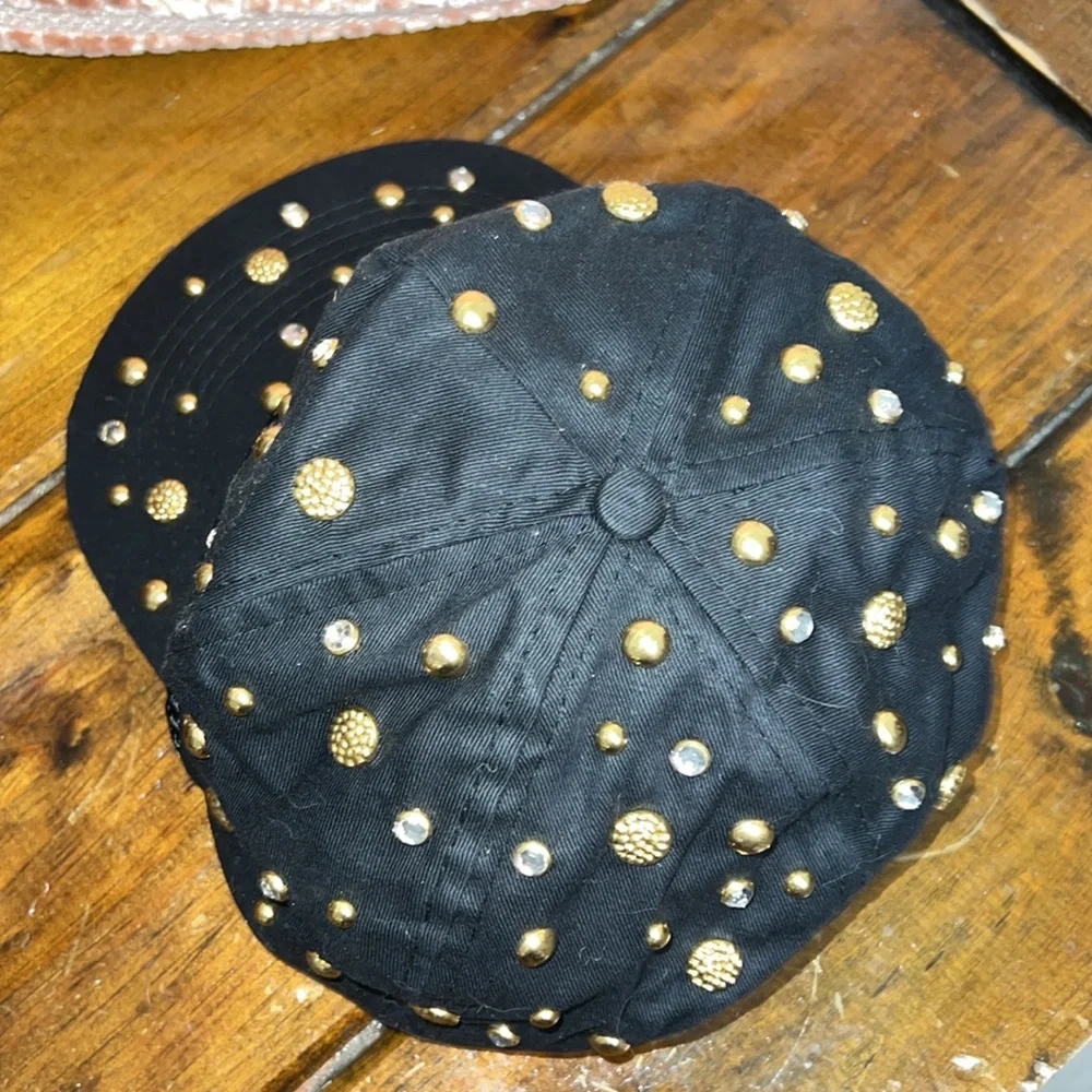 Vintage 80’s Black Cap with Gold‎ Studs and Rhinestones- OS