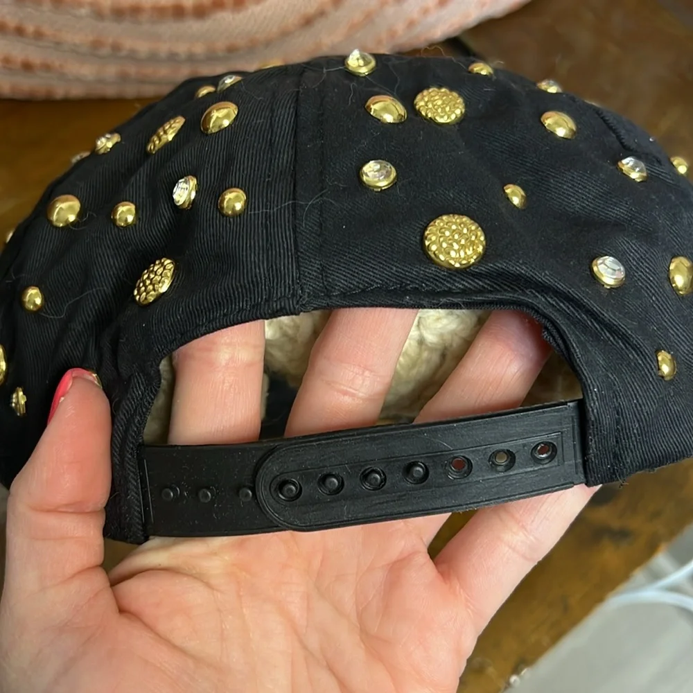 Vintage 80’s Black Cap with Gold‎ Studs and Rhinestones- OS
