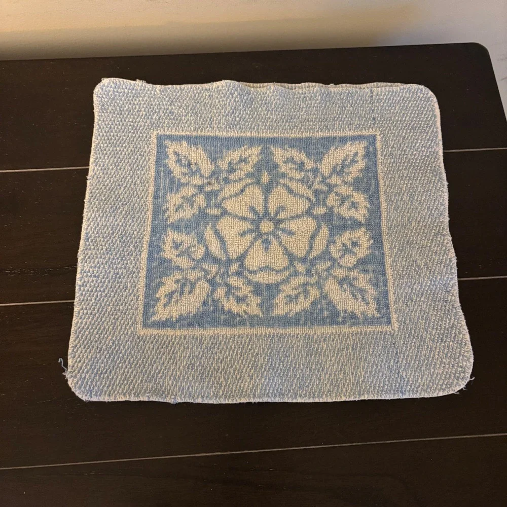 Vintage Martex Washcloths | Set of 2 | Blue White Floral Damask | Cotton | USA