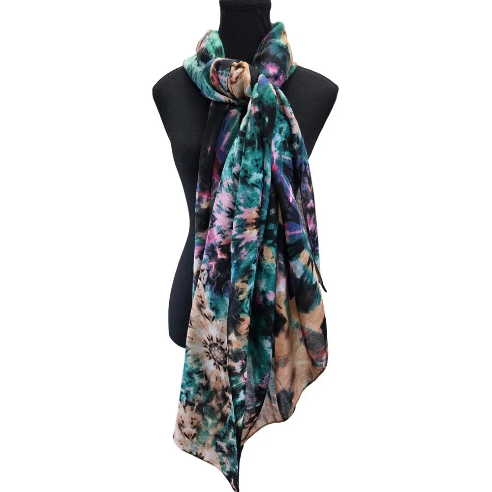 NWT Desigual‎ Love the World Recycled Tie Dye Scarf Green Pink Bohemian Festival