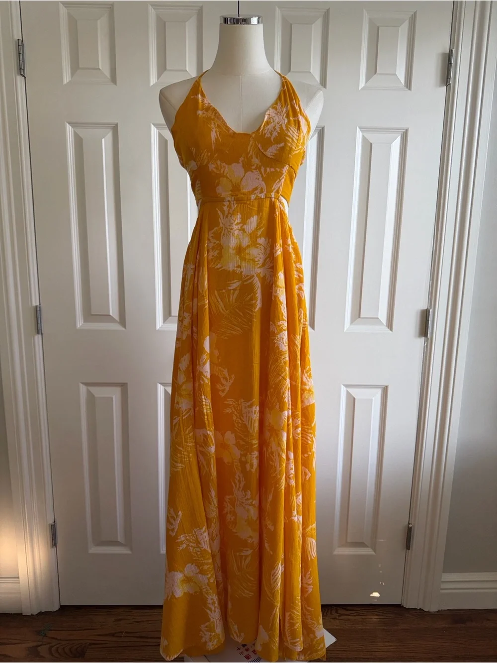 Free People Lille Halter Yellow Floral Dress Boho Open Back Side Cutouts Size S